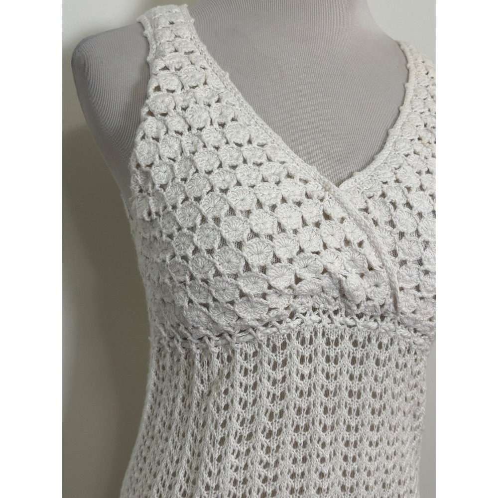 Cato Womens Babydoll Crochet Knit Tank Top M White Ramie Cotton Boho Festival - Picture 2 of 8